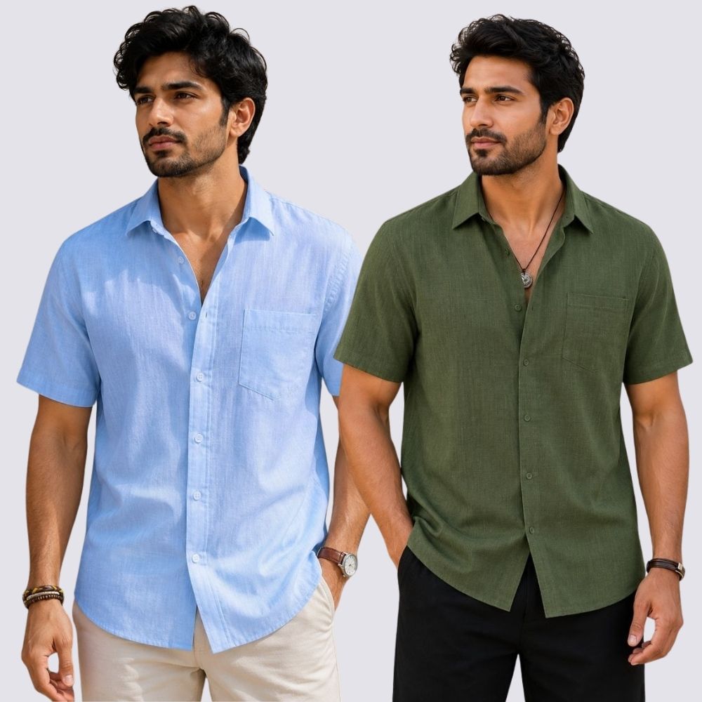 Combo of 2 Cotton Linen Half Sleeve Shirt Olive Green and Sky Blue-51950