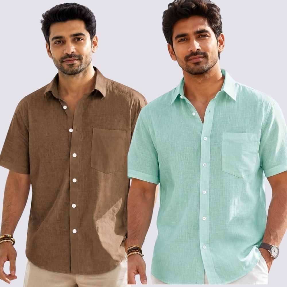 Combo of 2 Cotton Linen Half Sleeve Shirt Parrot Green and Brown-52010