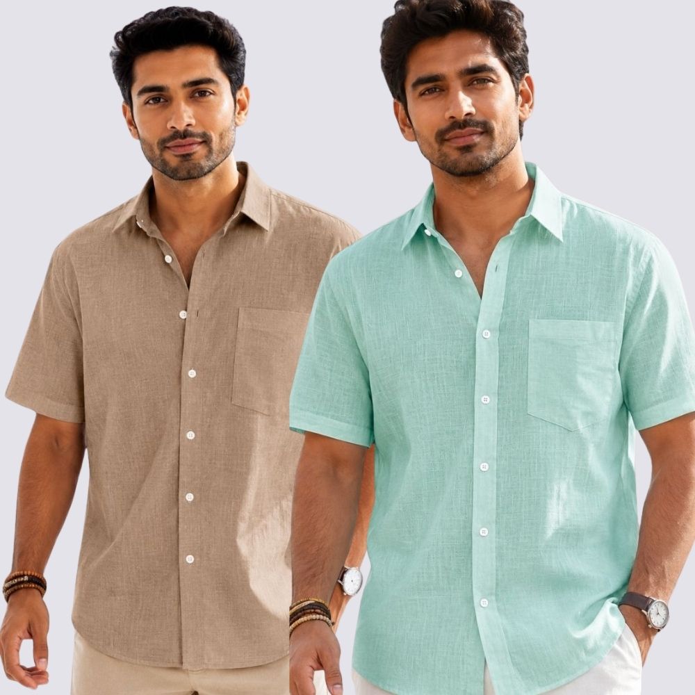 Combo of 2 Cotton Linen Half Sleeve Shirt Parrot Green and Dark Beige-52013