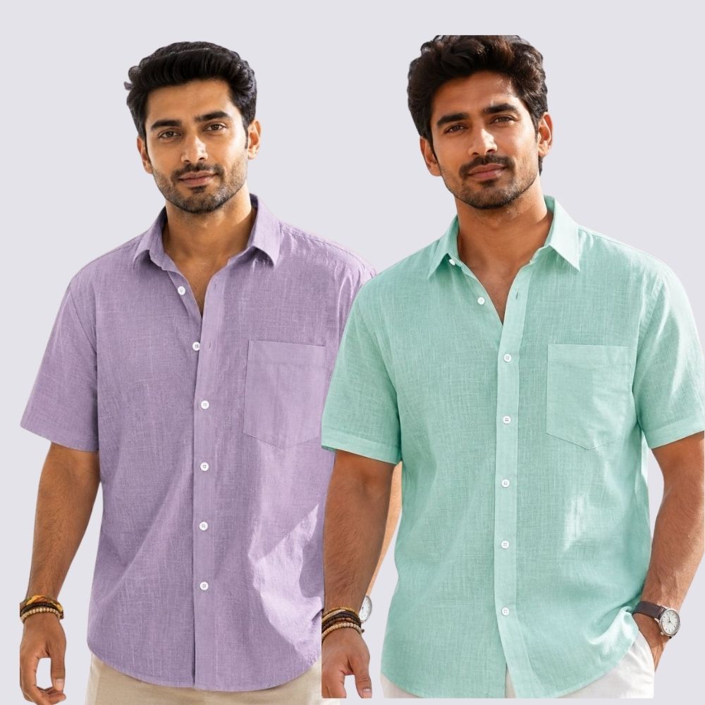 Combo of 2 Cotton Linen Half Sleeve Shirt Parrot Green and Purple-52011