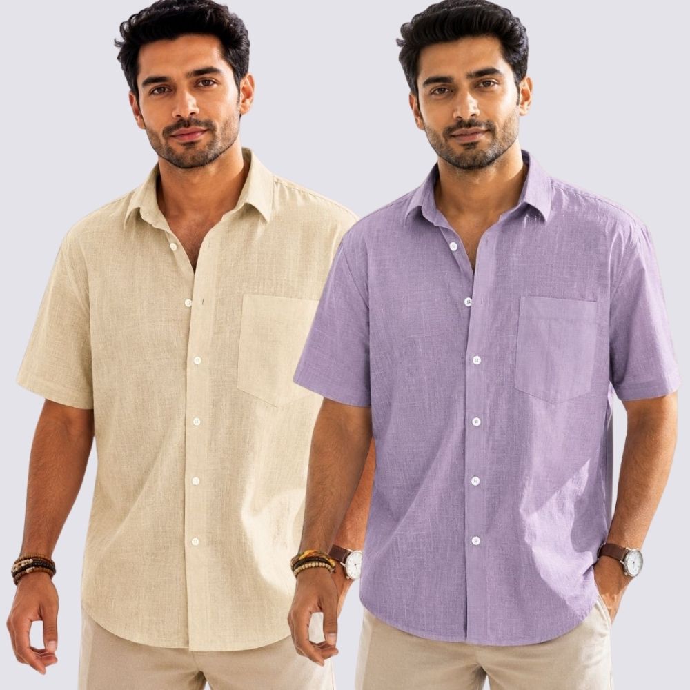 Combo of 2 Cotton Linen Half Sleeve Shirt Purple and Beige-52021