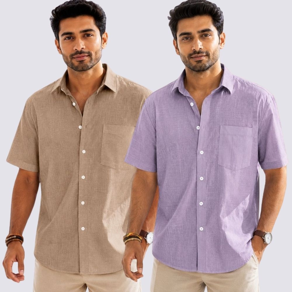 Combo of 2 Cotton Linen Half Sleeve Shirt Purple and Dark Beige-52020