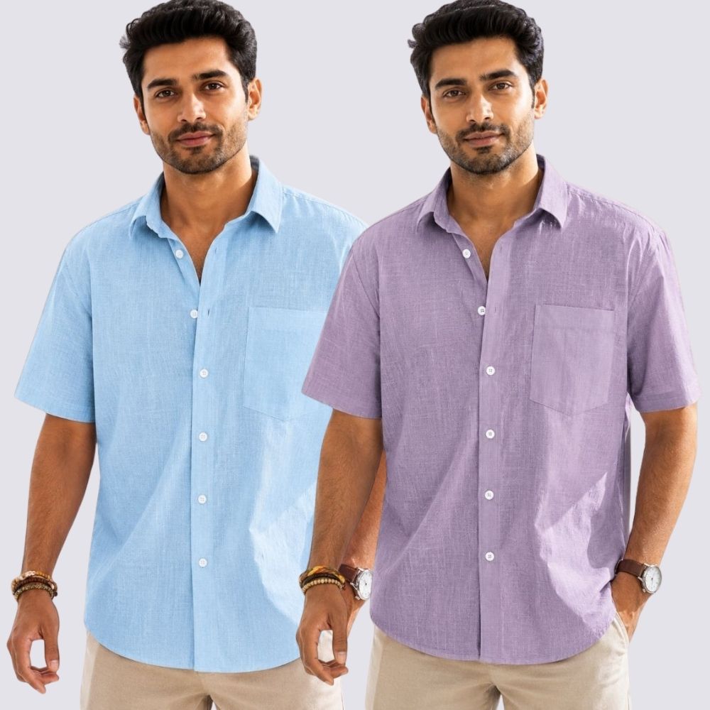 Combo of 2 Cotton Linen Half Sleeve Shirt Purple and Light Blue-52019