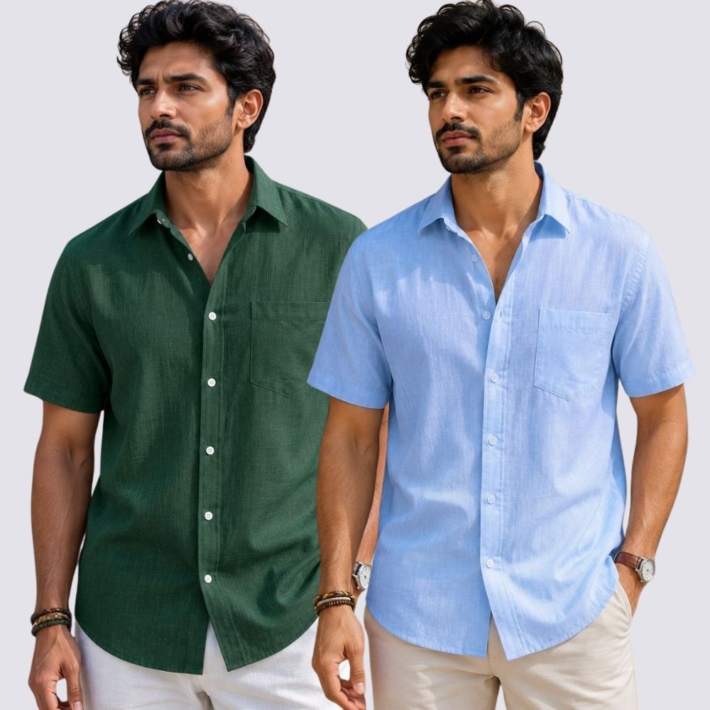 Combo of 2 Cotton Linen Half Sleeve Shirt Sky Blue and Bottle Green-51990