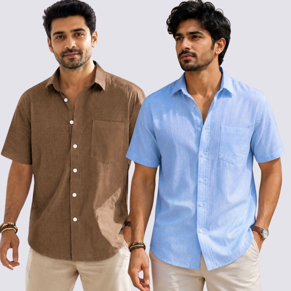 Combo of 2 Cotton Linen Half Sleeve Shirt Sky Blue and Brown-51992