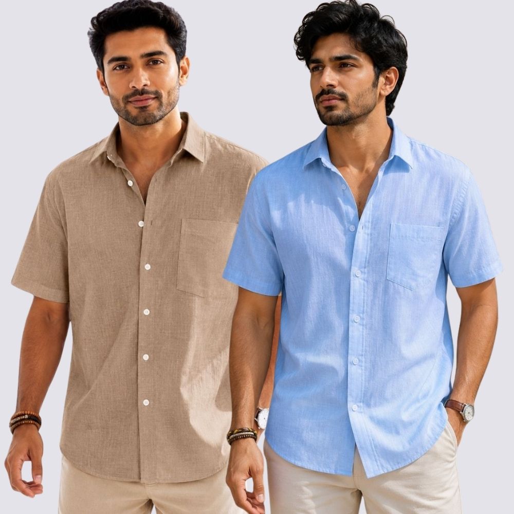 Combo of 2 Cotton Linen Half Sleeve Shirt Sky Blue and Dark Beige-51995