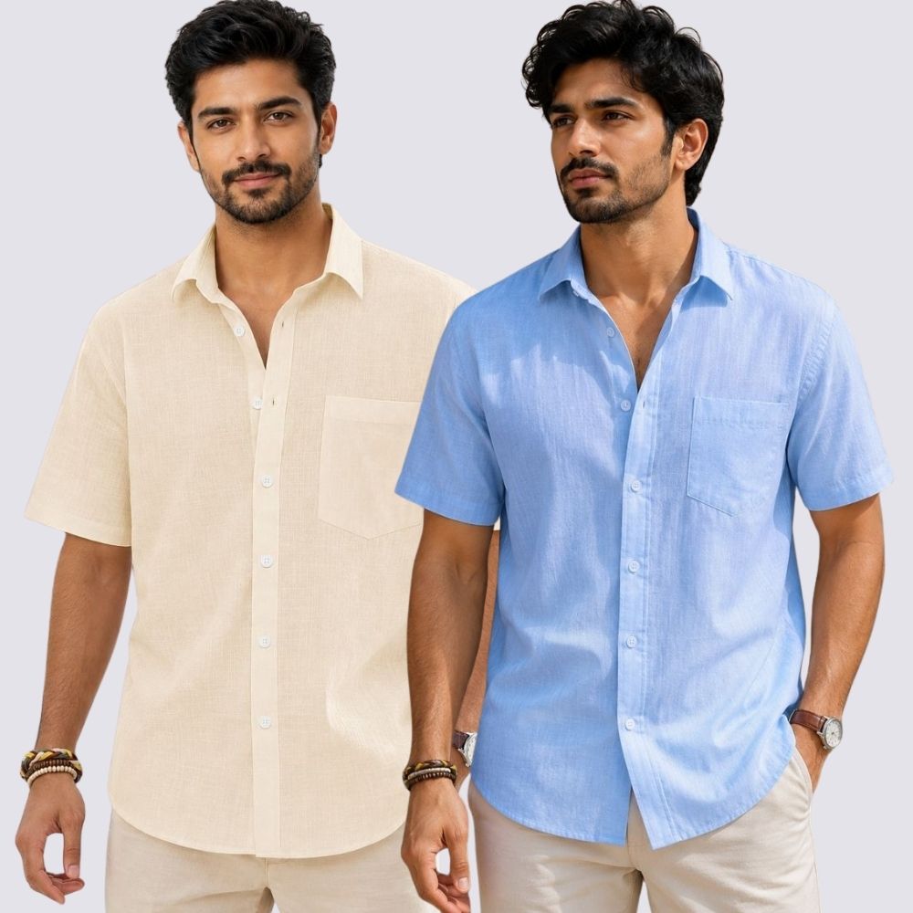 Combo of 2 Cotton Linen Half Sleeve Shirt Sky Blue and Light Beige-51989