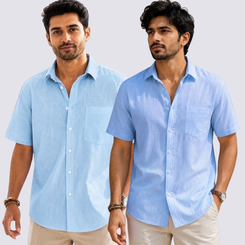Combo of 2 Cotton Linen Half Sleeve Shirt Sky Blue and Light Blue-51994