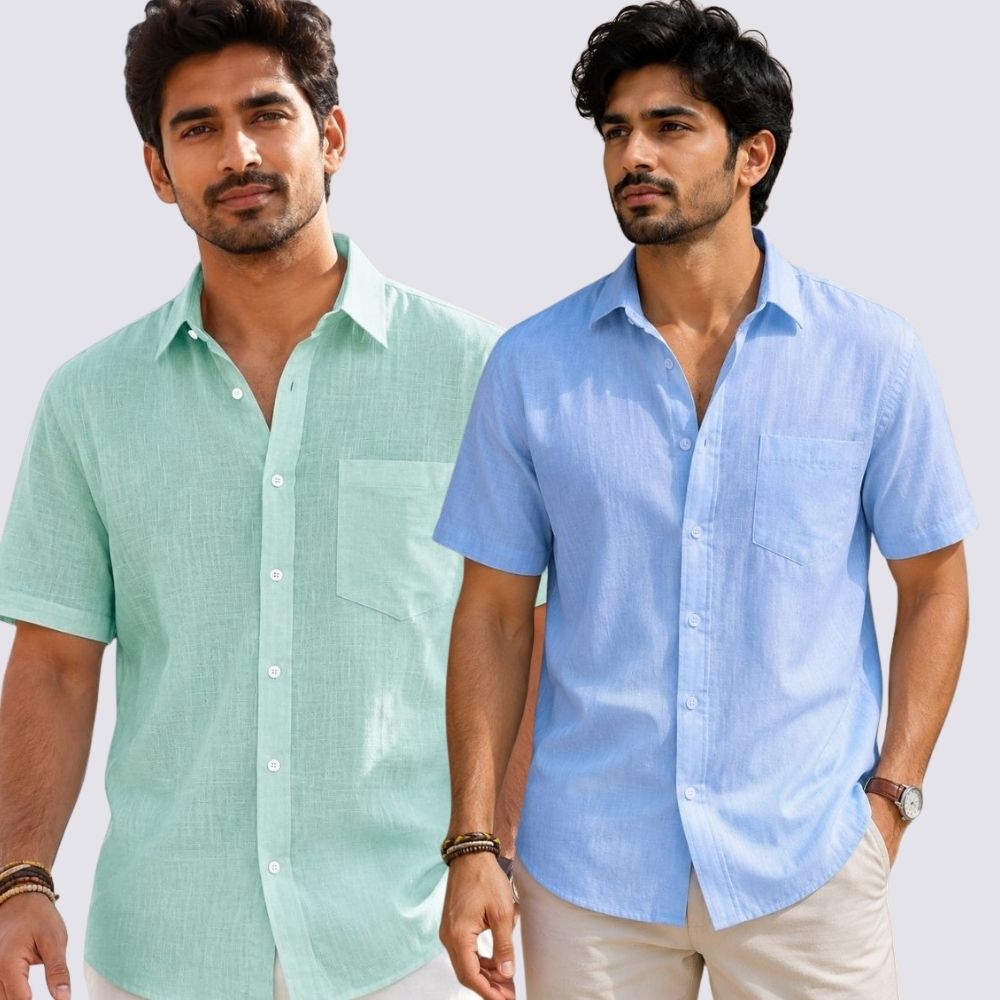Combo of 2 Cotton Linen Half Sleeve Shirt Sky Blue and Parrot Green-51991