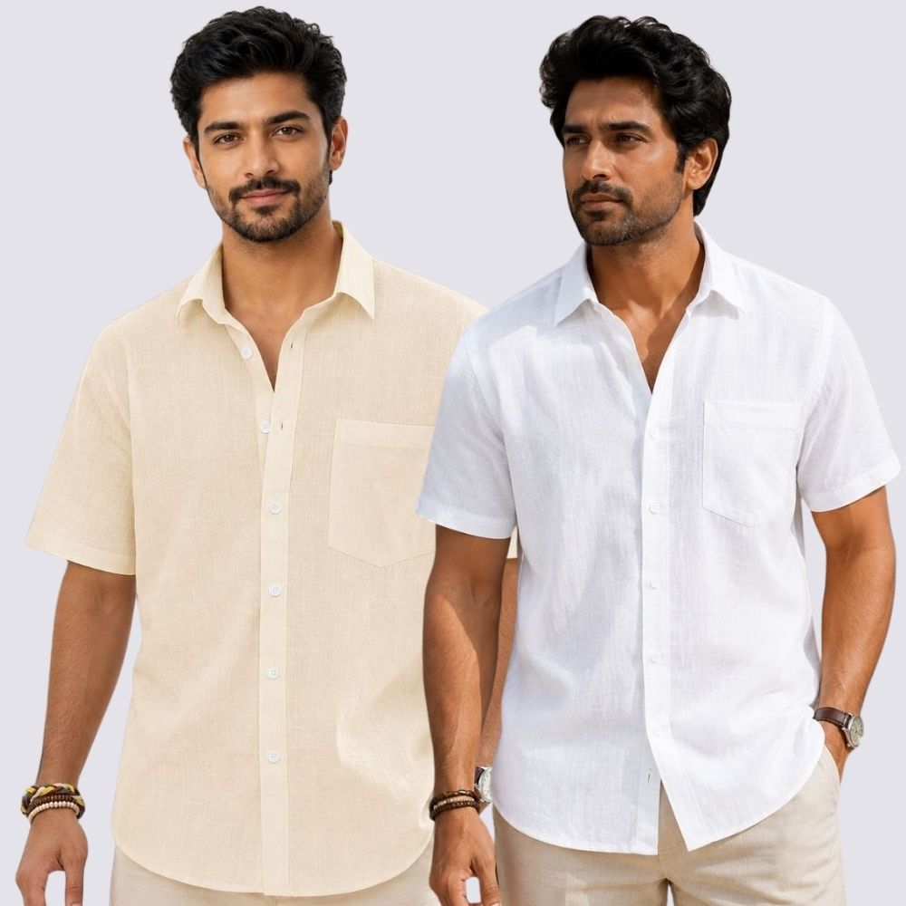Combo of 2 Cotton Linen Half Sleeve Shirt White and Beige-51919