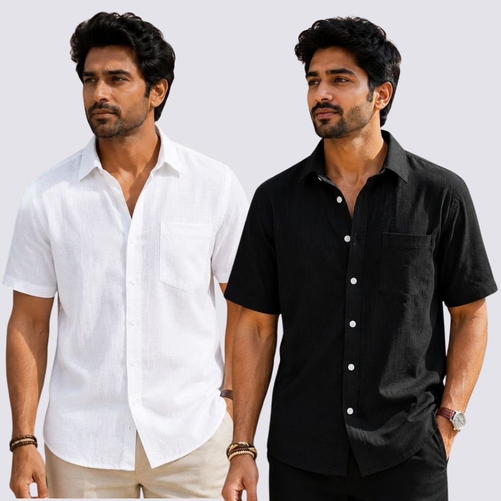 Combo of 2 Cotton Linen Half Sleeve Shirt White and Black-51906