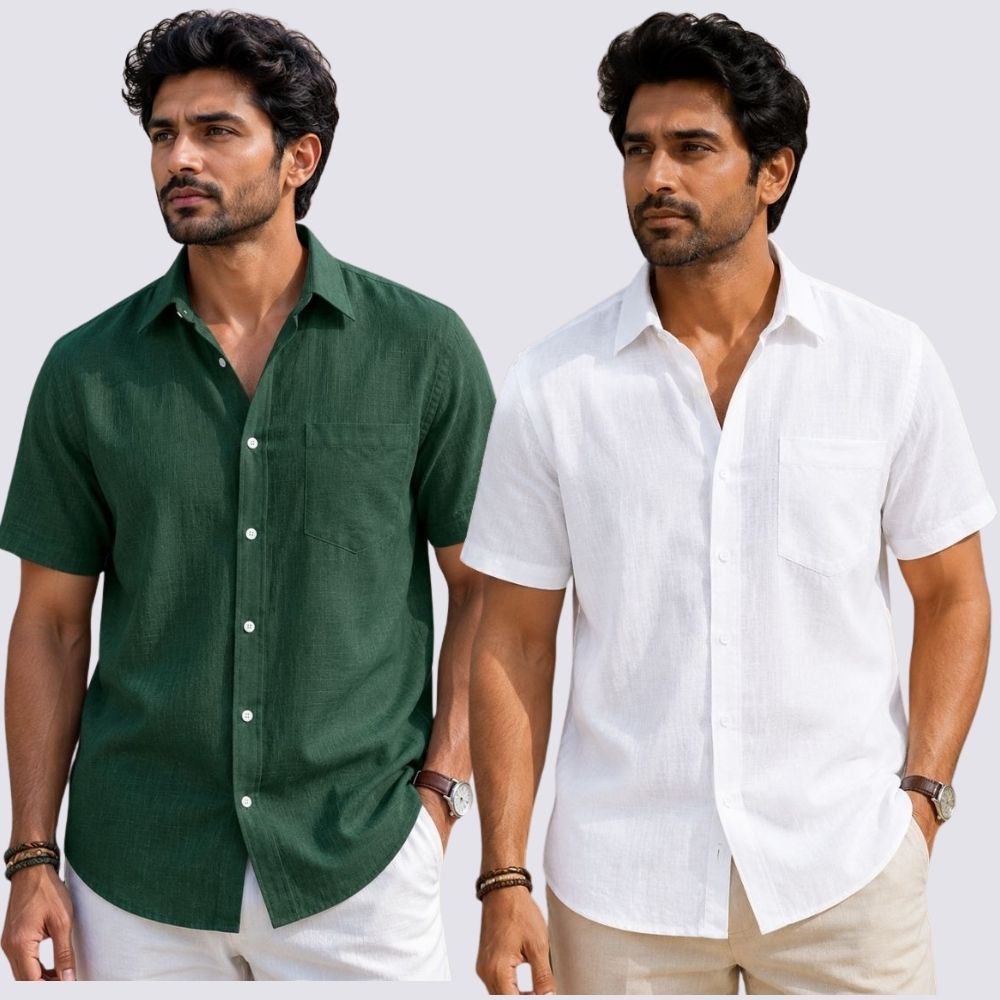 Combo of 2 Cotton Linen Half Sleeve Shirt White and Bottle Green-51913