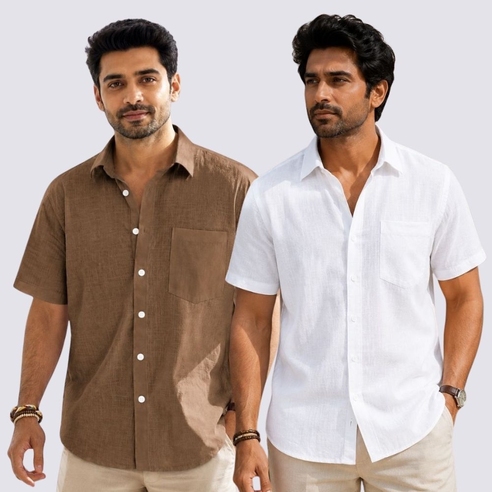 Combo of 2 Cotton Linen Half Sleeve Shirt White and Brown-51915