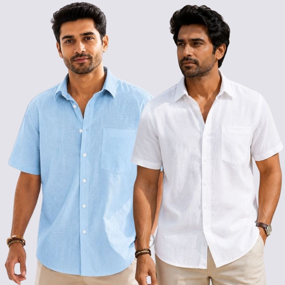Combo of 2 Cotton Linen Half Sleeve Shirt White and Light Blue-51917