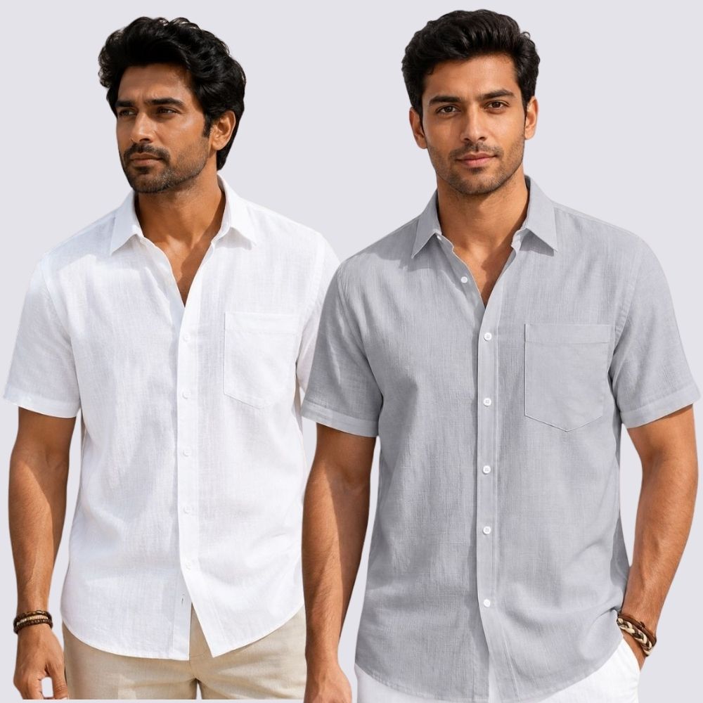 Combo of 2 Cotton Linen Half Sleeve Shirt White and Light Gray-51910