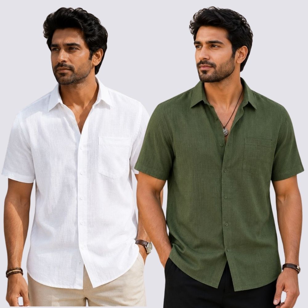 Combo of 2 Cotton Linen Half Sleeve Shirt White and Olive Green-51907