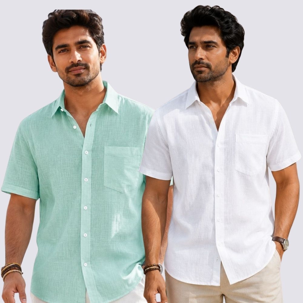 Combo of 2 Cotton Linen Half Sleeve Shirt White and Parrot Green-51914
