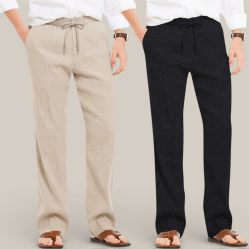 Combo of 2 Cotton Linen Loose Fit Men Pant Beige and Black-50664