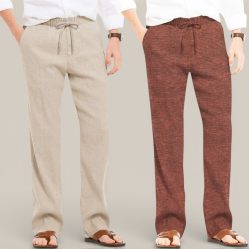Combo of 2 Cotton Linen Loose Fit Men Pant Beige and Brown-50665