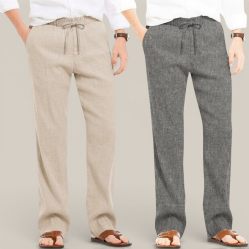 Combo of 2 Cotton Linen Loose Fit Men Pant Beige and Dark Gray-50666