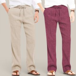 Combo of 2 Cotton Linen Loose Fit Men Pant Beige and Dark Pink-50667