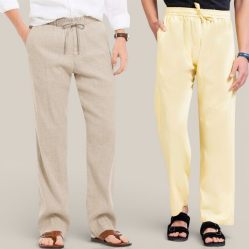 Combo of 2 Cotton Linen Loose Fit Men Pant Beige and Lemon Yellow-50670
