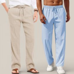 Combo of 2 Cotton Linen Loose Fit Men Pant Beige and Light Blue-50671