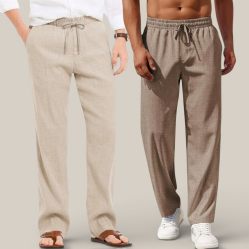 Combo of 2 Cotton Linen Loose Fit Men Pant Beige and Light Brown-50672