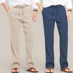 Combo of 2 Cotton Linen Loose Fit Men Pant Beige and Navy Blue-50674