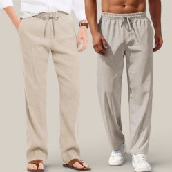 Combo of 2 Cotton Linen Loose Fit Men Pant Beige and Off White-50675
