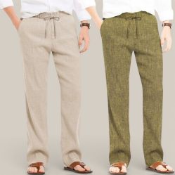 Combo of 2 Cotton Linen Loose Fit Men Pant Beige and Olive Green-50677