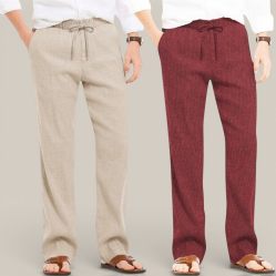 Combo of 2 Cotton Linen Loose Fit Men Pant Beige and Wine-50680