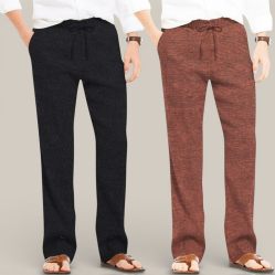 Combo of 2 Cotton Linen Loose Fit Men Pant Black and Brown-50681