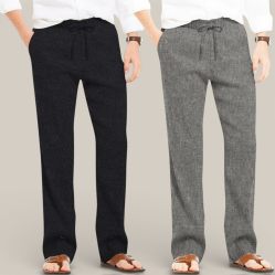 Combo of 2 Cotton Linen Loose Fit Men Pant Black and Dark Gray-50682
