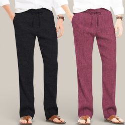 Combo of 2 Cotton Linen Loose Fit Men Pant Black and Dark Pink-50683