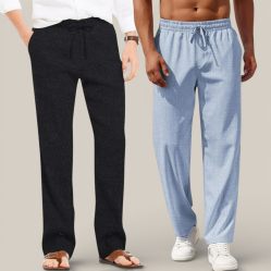 Combo of 2 Cotton Linen Loose Fit Men Pant Black and Denim-50684