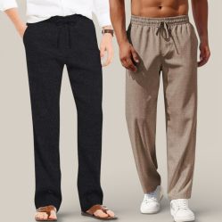 Combo of 2 Cotton Linen Loose Fit Men Pant Black and Light Brown-50688