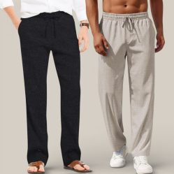 Combo of 2 Cotton Linen Loose Fit Men Pant Black and Off White-50691