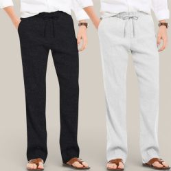 Combo of 2 Cotton Linen Loose Fit Men Pant Black and Off White-50692