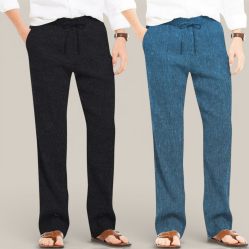 Combo of 2 Cotton Linen Loose Fit Men Pant Black and Teal Blue-50694