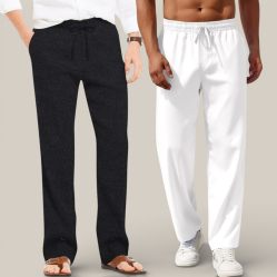 Combo of 2 Cotton Linen Loose Fit Men Pant Black and White-50695