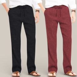 Combo of 2 Cotton Linen Loose Fit Men Pant Black and Wine-50696