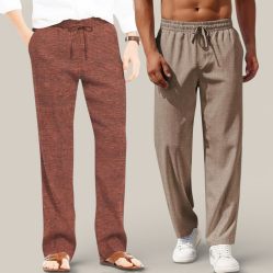 Combo of 2 Cotton Linen Loose Fit Men Pant Brown and Light Brown-50703
