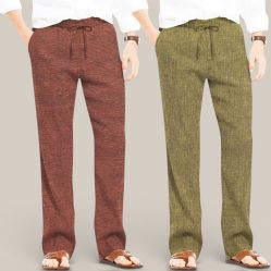 Combo of 2 Cotton Linen Loose Fit Men Pant Brown and Olive Green-50708