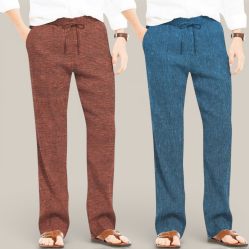 Combo of 2 Cotton Linen Loose Fit Men Pant Brown and Teal Blue-50709