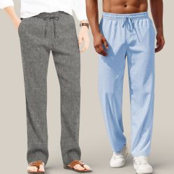Combo of 2 Cotton Linen Loose Fit Men Pant Dark Gray and Light Blue-50716