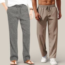 Combo of 2 Cotton Linen Loose Fit Men Pant Dark Gray and Light Brown-50717