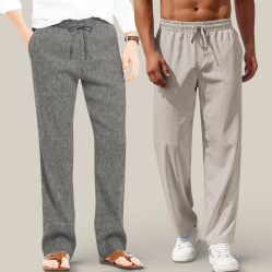 Combo of 2 Cotton Linen Loose Fit Men Pant Dark Gray and Off White-50720