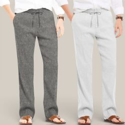 Combo of 2 Cotton Linen Loose Fit Men Pant Dark Gray and Off White-50721