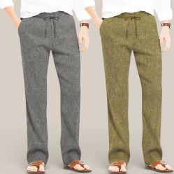 Combo of 2 Cotton Linen Loose Fit Men Pant Dark Gray and Olive Green-50722